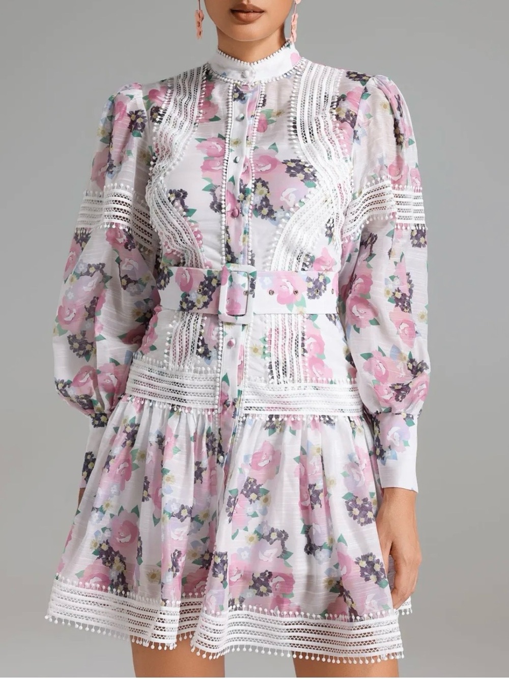 Pink Floral Lace-Trim Mini Dress with Belt